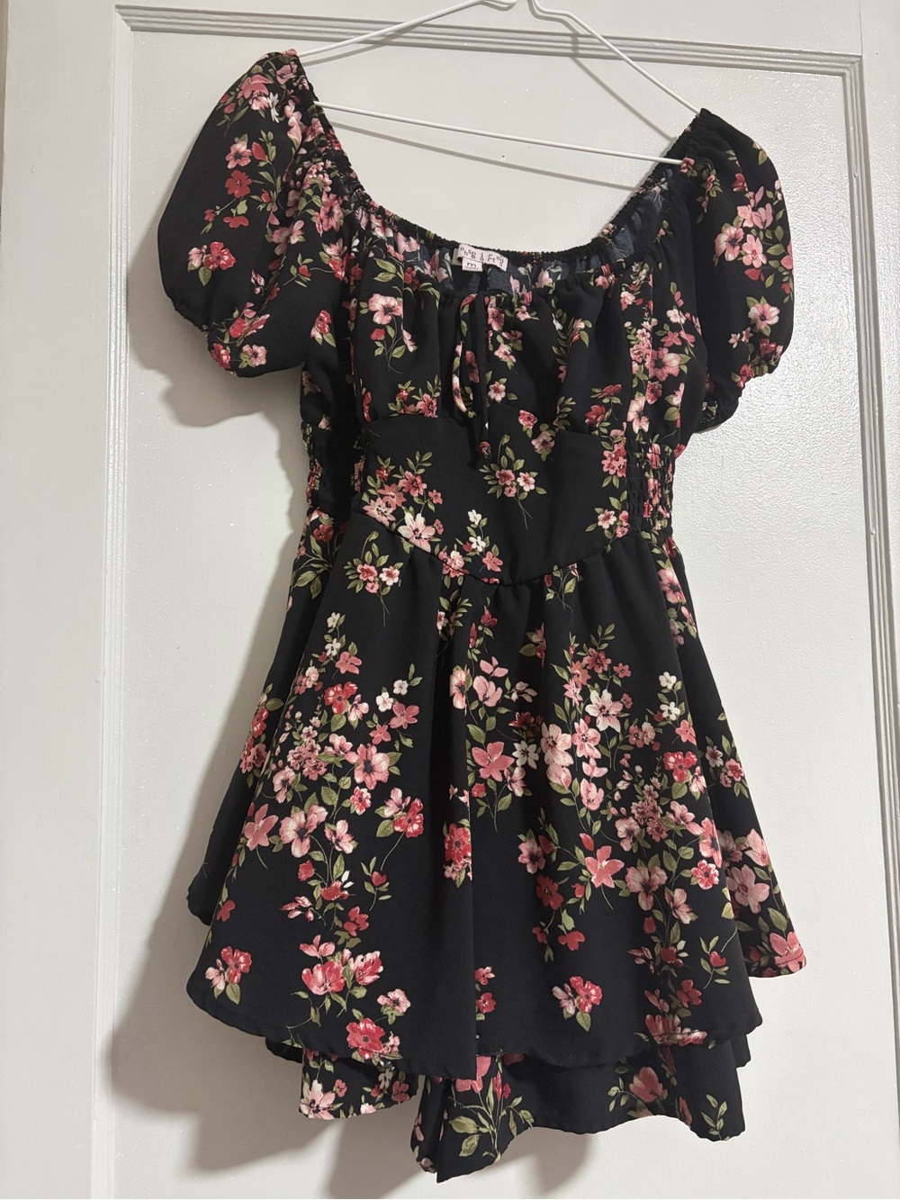 Inspired Hearts Black Floral Blouse with Pink and Green Print